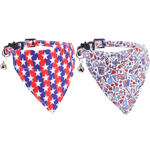 American Flag Cat Collar with Bell Bandana Star Adjustable 4th of July Breakaway Kitten for Independence Day - color: 4th of July-2-bandana