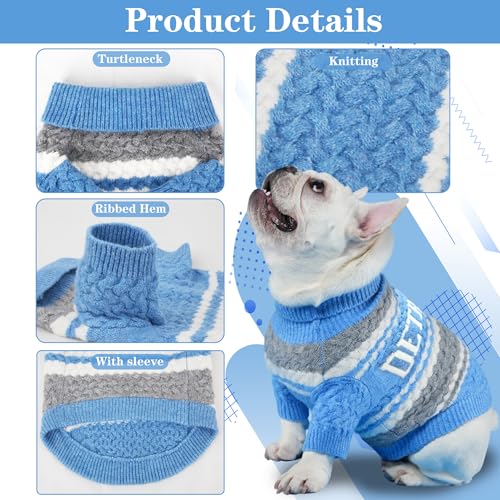 Detroit Small Dog Sweater Football Theme Turtleneck Knit Dog Sweaters for Small Pets Warm Winter Cat Dog Clothes - color: Skyblue&gray, size: Small