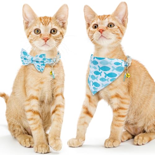 Faygarsle 2 Pack Fish Pattern Cat Collar Set with Bow Tie and Bandana, Light Blue and White, Breakaway Safety Collar with Bell - color: Blue Fish