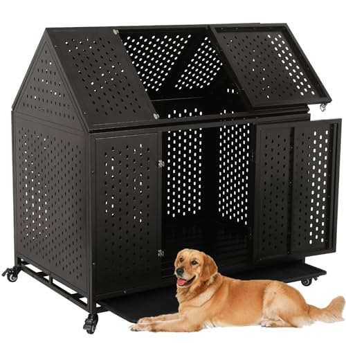 44 inch Heavy Duty Dog Crate with Wheels, Indestructible Escape-Proof Dog Kennel with Locking Latch and Double Door, Large XL Cage Indoor for Large and Medium Dog with Removable Tray - size: 43.3"L x 29.5"W x 46.1"H