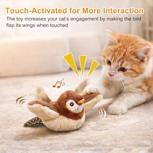 Flapping Bird Cat Toy, No Flying, Flapping & Chirping Wings Sparrow with Catnip, Rechargeable Touch Activated for Cats, Kitten or Small Dogs to Interact & Play