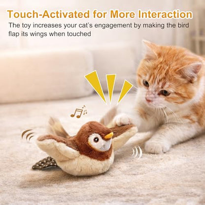 Flapping Bird Cat Toy, No Flying, Flapping & Chirping Wings Sparrow with Catnip, Rechargeable Touch Activated for Cats, Kitten or Small Dogs to Interact & Play