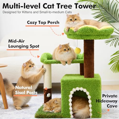 WOOCHPET Flower Cat Tree with Cat Condo for Indoor Cats, 29" Cat Tower with Sisal Scratching Post and Top Perch, 3-in-1 Multi-Level Cat Tower for Small Cats and Kittens