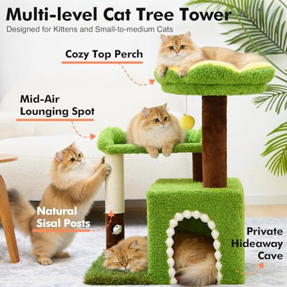 WOOCHPET Flower Cat Tree with Cat Condo for Indoor Cats, 29" Cat Tower with Sisal Scratching Post and Top Perch, 3-in-1 Multi-Level Cat Tower for Small Cats and Kittens