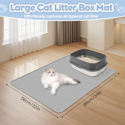 Kalolary Cat Litter Box Mats, Large 34" x 22" Silicone Cat Mat, Easy to Clean Kitty Litter Trapping Mat, Soft on Kitty Paws, Waterproof, Urine-Proof Kittys Litter Mats for Floor, Light Grey - color: Light Grey: 86 x 56cm