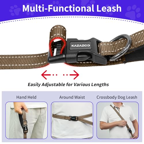 Hands Free Dog Leash by Kazazoo, Adjustable 6-9 FT Waist & Crossbody Leash with Quick Off Buckle, Reflective Stitches for Walking, Jogging, Medium Large Dogs Brown - color: Brown, size: L