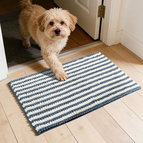 Dog Door Mat for Muddy Paws - Absorbent Quick-Dry Non-Slip Washable Chenille Pet Rug, Indoor Entryway Mat for Front Door & Crate (Blue, 30" L*18" W) - color: Blue, size: 30"L*18"W