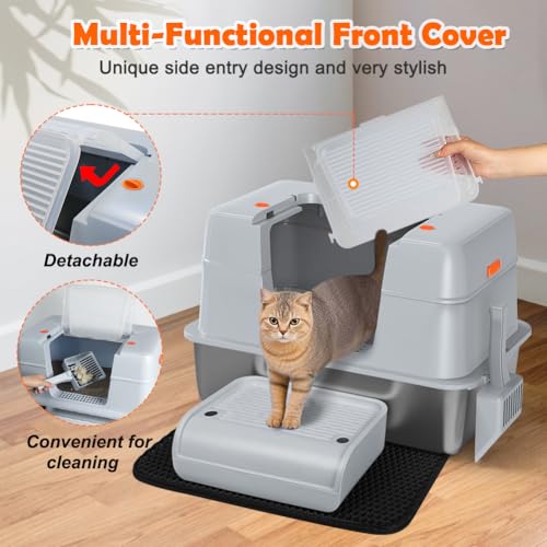 Vivifying Stainless Steel Litter Box with Lid, XL Side Entry Extra Large Litter Box for Big Cats & Kitty, Removable Enclosed Metal Cat Pan with High Sided Enclosure, Scoop, Mat, Footboard (Gray) - color: Gray