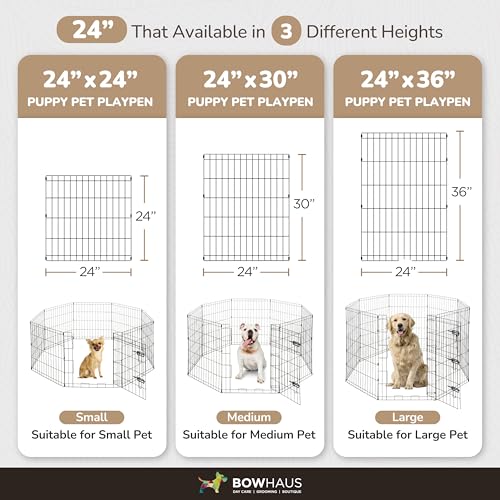 BOWHAUS Foldable Outdoor/Indoor Pet Playpen with Gate, Available in 36 Inch Height Metal Portable Kennel, Heavy-Duty Exercise Fence Cage 8 Panels for Large Dog, Animals - style: 36 Inch