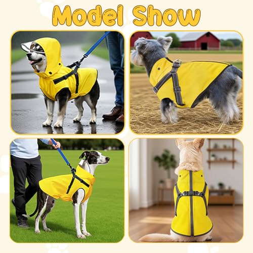 Dog Raincoat: Dog Rain Jacket with Reflective Harness & Removable Hood | Waterproof Dogs Rain Coat Poncho for Large Medium Small Dogs Puppies (Yellow - L) - size: Large