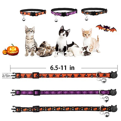 3PCS Halloween Breakaway Cat Collars with Bell Safety Adjustable Soft Nylon for Kitten Collars