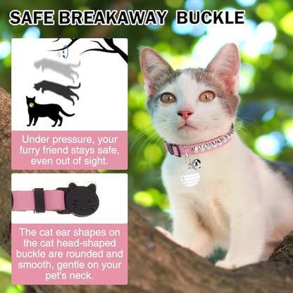 Leather Personalized Breakaway Cat Collar with Studded Bell and Safety Quick Release Buckle - Rivets Studded ID DIY Collars for Boy Girl Cats Kittens, 9" - 11.5" Pink - color: Pink, size: 9"-11.5"