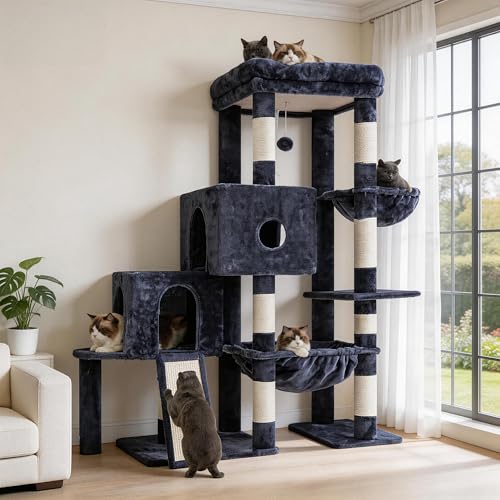 Hey-brother Cat Tree Tower, Scratching Posts with Big Platform, 2 Condos, Spacious Hammock, Cozy Basket, Sisal Board for Indoor Large Adults, 50 Inches Progressive Climbing House, Smoky Gray MPJ071G - color: Smoky Gray, size: 50 inches