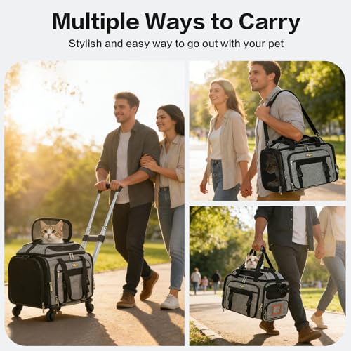 Cozy Cruiser Pet Carrier with Wheels,TSA Airline Approved, Expandable Space, Soft-Sided & Collapsible Design,Rolling Travel Bag with Telescopic Handle for Small Dogs and Cats - color: Grey