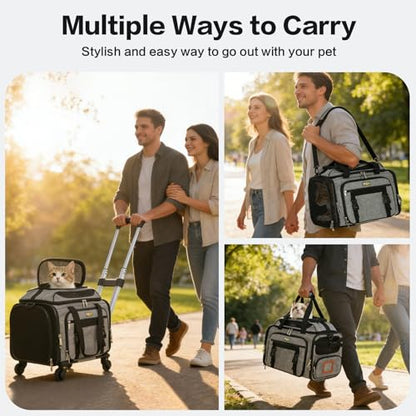 Cozy Cruiser Pet Carrier with Wheels,TSA Airline Approved, Expandable Space, Soft-Sided & Collapsible Design,Rolling Travel Bag with Telescopic Handle for Small Dogs and Cats - color: Grey