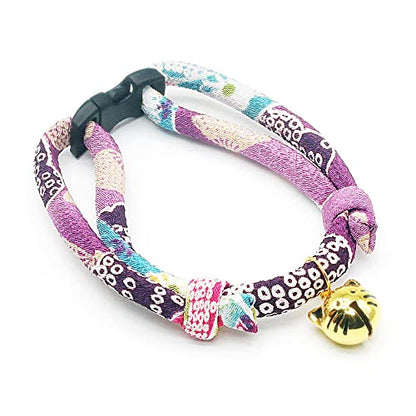 Cat Collar with Kitty Face Bell. Cute Japan Chirimen Kitten Collar. Soft & Lightweight. - color: Purple