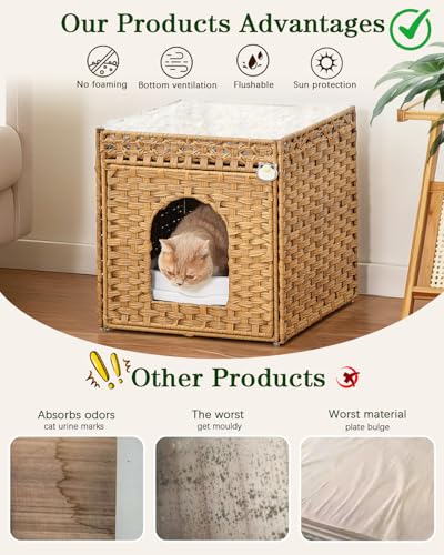 SETVSON Cat Litter Box Enclosure Furniture with One Cat Bed Pad, Hidden Litter Box Handwoven Rattan Cat House with Two S-Shaped Hooks for Living Room, Bedroom, 18.5 x 20.5 x 19.1 Inch,Natural - color: Natural, size: Standard With 1 Cat Bed