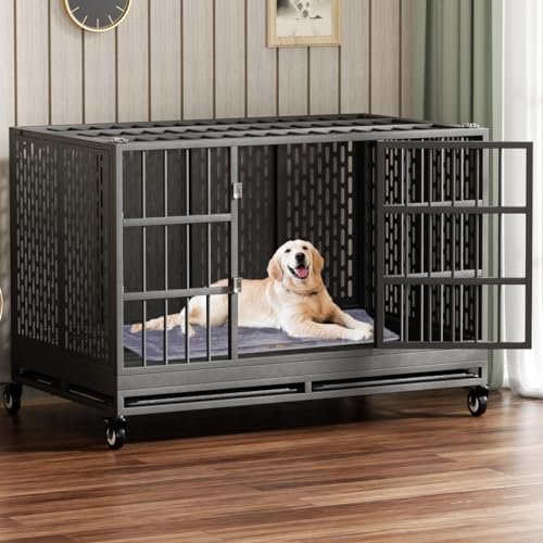 Snuowu 48 Inch Heavy Duty Dog Crate with Wheels, Folding Metal Big Dog Cage for Large and Medium Dogs, Extra Large XL XXL Indestructible Dog Crate with Removable Tray. - size: 48-Inch Black （Fold）
