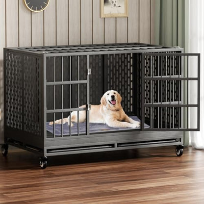 Snuowu 48 Inch Heavy Duty Dog Crate with Wheels, Folding Metal Big Dog Cage for Large and Medium Dogs, Extra Large XL XXL Indestructible Dog Crate with Removable Tray. - size: 48-Inch Black （Fold）