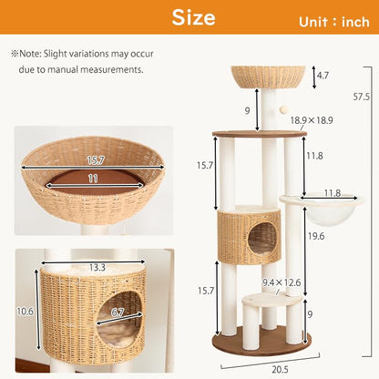 Modern Cat Tree for Large Cat, 57-Inch Tall Cat Tower with Scratching Post for Indoor Cats, Multi-Level Cat Condo with Hand-Woven Cat Bed and Acrylic Bowl Easy to Clean (Y909) - color: Brown Y909