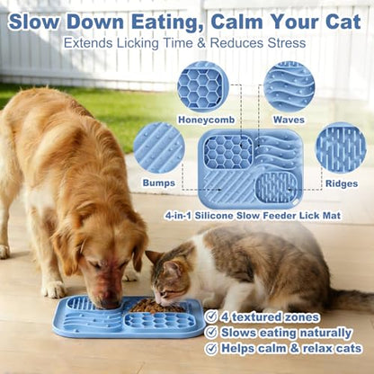 AZY 3-Piece Slow Feeder Cat Bowl and Lick Mat Set – Silicone Cat Treat Spoon & Feeding Mat for Wet Food, Enrichment and Slow Eating (Blue) - color: blue