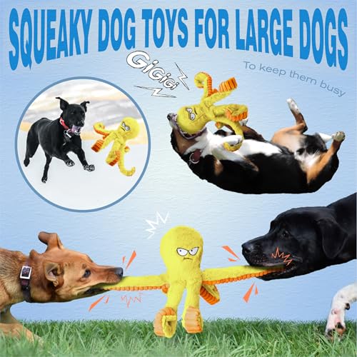 LEGEND SANDY Tough Dog Toys, Stuffed Chew Large Dog Toys to Keep Them Busy, Interactive Squeaky Tug of War Doggie Toy, Crinkle Yellow Octopus - color: Yellow Octopus
