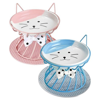 2PCS Ceramic Shallow Cat Food Dishes with Non-Slip Mat, Elevated Cat Food Bowl with Raised Metal Stand, Small Dog Bowl, Whisker Fatigue Pet Food Plate, Dishwasher Safe - color: Pink+Blue