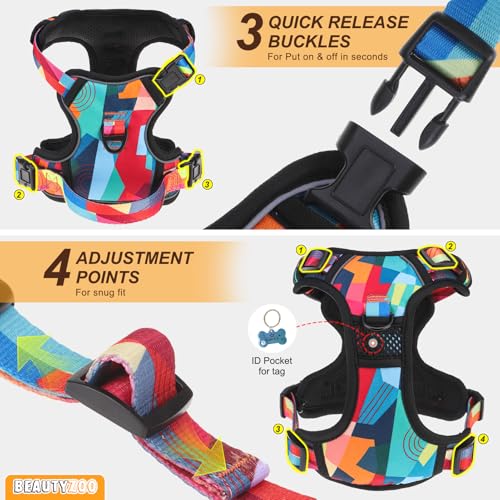 BEAUTYZOO No Pull Dog Harness Small, Adjustable Dog Harness and Leash Set -Easy Wearing with 3 Buckles/Control Handle,No Choke Soft Padded Reflective Pet Vest for Training Walking Hiking, S - color: Geometry, size: S: chest 14"-24"