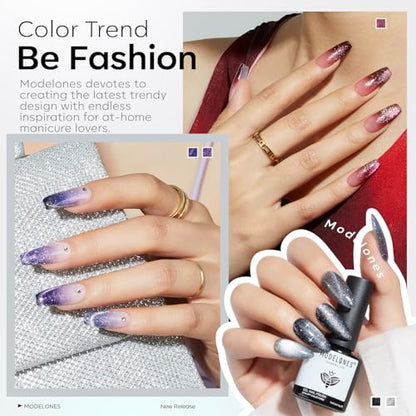 modelones Cat Eye Gel Nail Polish Set, 6 Colors Winter 9D Glassy Cat Eye Glitter Gel Polish Black Red Purple Blue Silver Brown Nail Polish with Magnet Soak Off LED DIY Salon Gift - color: A2-Moon n Night Cat Eye