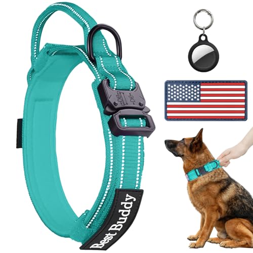 AUBELL Reflective Tactical Dog Collar,Adjustable Military Heavy Duty K9 Collars with Handle and Quick Release Metal Buckle Great for Medium Dogs, with Airtag Case and 2 Patches (Teal,M) - color: Teal, size: M(13.5"-17")