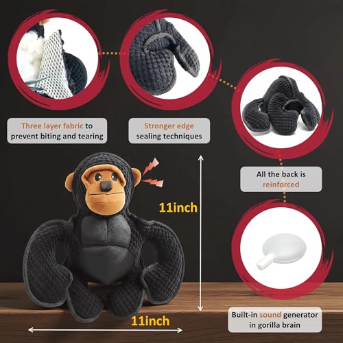 Plush Stuffed Squeaky Dog Toys, Tough Dog Toy Large Breed, Dog Chew Toys for Large Dogs,Chew Dog Toys to Keep Them Busy,11" x 11" Gorilla