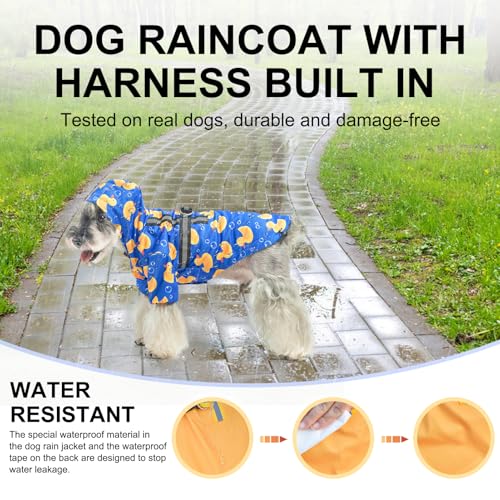 BEAUTYZOO Dog Raincoat Hooded with Harness Built-in, Waterproof Jacket Poncho for Small, Medium, Large Dogs, Girls and Boys, Yellow Duck, Winter Rainy Snowy Days - color: Duck Blue, size: M(Back 15", Chest 22.5", Neck 16")