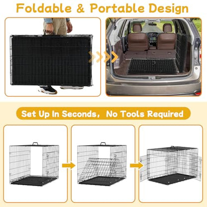 48 Inch Large Dog Crate, Wire Metal Dog Kennel with Double-Door, Divider & Leak-Proof Tray, Indoor Outdoor Foldable Travel Cage for Medium, Large Dogs