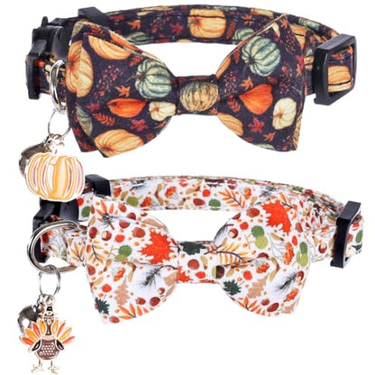 Thanksgiving Day Cat Collar Fall Breakaway with Bow Tie and Bell Autumn Holiday for Kitty Adjustable Safety - color: Pumpkin-bow