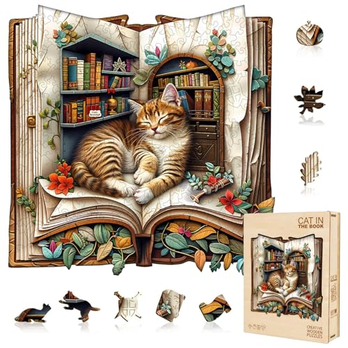 Cat in The Book Wooden Puzzles for Adults, Jigsaw Puzzles Unique Animal Shape Wood Puzzle Birthday for Women Friends Family, 195 Pieces 10.6 * 10.4in - color: A Cat in the Book, size: Medium