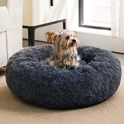 WNPETHOME Calming Dog & Cat Bed, Anti-Anxiety Donut Bed, Fluffy Faux Fur Cushion for Small Dogs and Cats (24 x 24 x 8 Inch, Navy Grey) - color: Navy Grey, size: 24"L x 24"W x 8"Th
