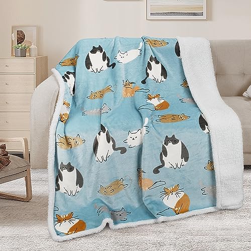 Catalonia Cat Print Sherpa Fleece Throw Blanket, Soft Mink Plush Couch Blanket, Fuzzy Fluffy Comfy Warm Throws, Comfort Caring Gift, 50x60 inches, Baby Blue - color: Cat Blue, size: 50"x60"