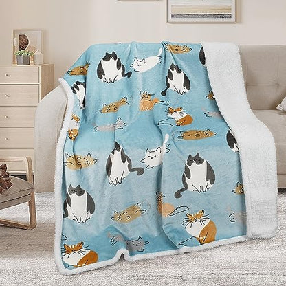 Catalonia Cat Print Sherpa Fleece Throw Blanket, Soft Mink Plush Couch Blanket, Fuzzy Fluffy Comfy Warm Throws, Comfort Caring Gift, 50x60 inches, Baby Blue - color: Cat Blue, size: 50"x60"