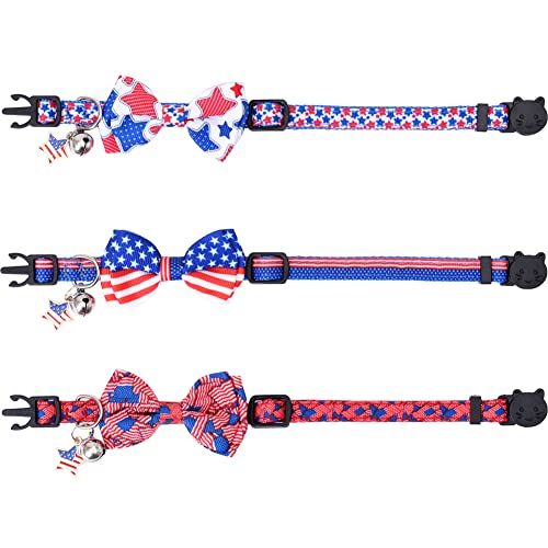 American Flag Cat Collar with Bell Bow Tie Star Breakaway Adjustable for 4th of July Independence Day - color: 3PCS