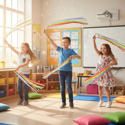Sumind 6 Pcs Rainbow Ribbon Hand Kites Wands for Kids Dancer Streamer String Toy Thrown Waldorf Wand with Wooden Ring Wand Learning Educational(Fresh Colors) - style: Fresh Colors