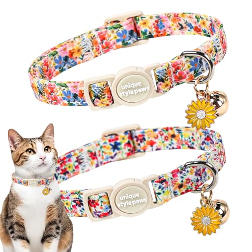 Unique style paws 2 Pack Valentine Kitten Collar Breakaway with Bell&Pendant, Adjustable Safety Spring Summer Colorful Flower Cotton Collar for Girl Boy Cat and Small Pet - color: colorful flower