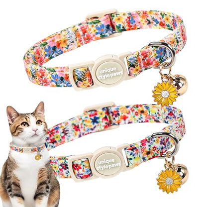 Unique style paws 2 Pack Valentine Kitten Collar Breakaway with Bell&Pendant, Adjustable Safety Spring Summer Colorful Flower Cotton Collar for Girl Boy Cat and Small Pet - color: colorful flower