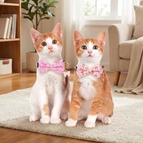 2 Pack Breakaway cat Collar with Bow Tie and Bell,Adjustable Soft Cotton Pet Collar with Pink and Red Bow Patterned Design for Kitten Adult Cats (Pink&Red Bow) - color: Pink&Red Bow