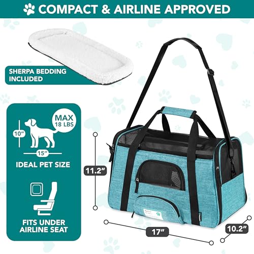 PetAmi Airline Approved Pet Carrier for Cats & Small Dogs, Soft Sided TSA Travel Carrier Bag Sherpa Bed, Breathable Mesh Ventilation, Collapsible Bowl, Fit Under Seat, Up to 18 lbs, Small Heather Blue - color: Heather Blue, size: Small - 17"L x 10.2"W x 1