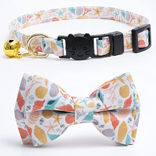 Faygarsle 2 Pack Cotton Designer Breakaway Cats Collar with Bow Tie and Bell Marine Theme Cat Collars for Girl Female Boy Male Cat Collar with Bell Fish Collars for Cats Collar Shell Pattern - color: Fish&Shell