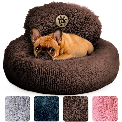 PetJett Calming Dog Bed for Small Dogs – 23" Donut Dog Beds, Anti-Slip & Washable Fluffy Plush Faux Fur Pet Bed, Anti-Anxiety Premium Comfort Round Puppy Bed, Fits Dogs up to 25 lbs – Brown - color: Brown, size: Small - 23”L x 23”W x 8”Th