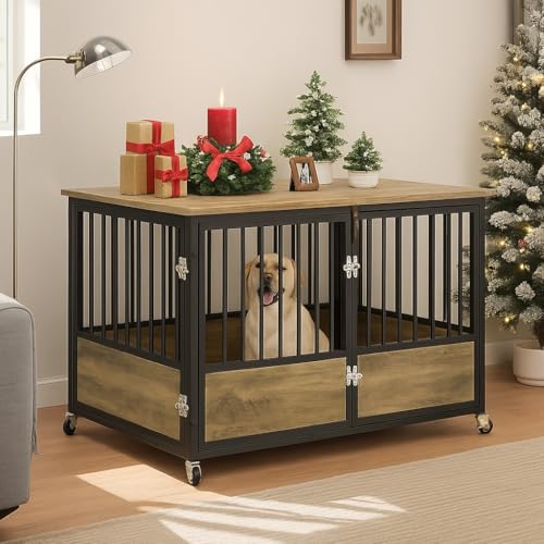 DWVO Dog Crate Furniture with Wheels, 43 Inch Dog Kennel Indoor Furniture End Table Dog Crate for Dogs, Farmhouse Decorative Wooden Dog Cage Table with Double-Doors, Chew-Resistant, Greige - color: Greige, size: 43.3"L x 29.1"W x 29.5"H