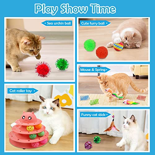 UPSKY 20 PCS Cat Toys - 3-Level Turntable Roller with Balls for Indoor Cats, Kitten Set with Teaser, Mice, Spring, and Various Ball Toys - color: B-20PCS-Red