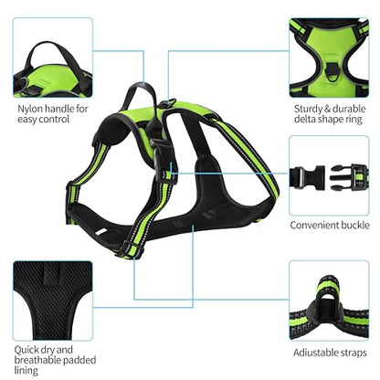 Green No-Pull Dog Harness with 2 Leash Clips，Soft Padded Vest for Medium Dog, Adjustable Reflective Dog Vest Easy to Put on and Take Off, (Neck: 14"~20", Chest: 21"~27", Green M) - color: Green, size: Medium