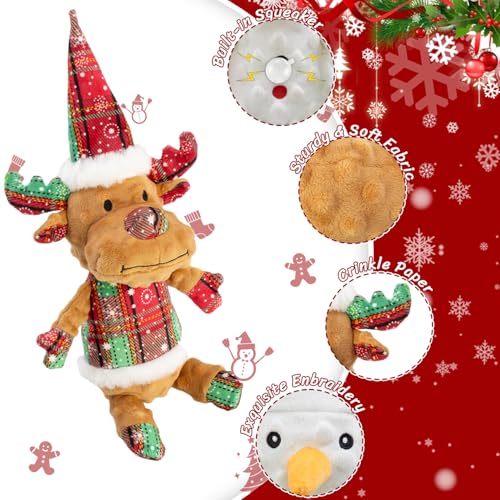 Christmas Dog Toy Squeaky Interactive Dog Toys Puppy Teething Chew Toy Deer Shape Stuffed PP Cotton Crinkle Sound Paper Tail, for Large Medium Small Breeds， Indoor Outdoor Play